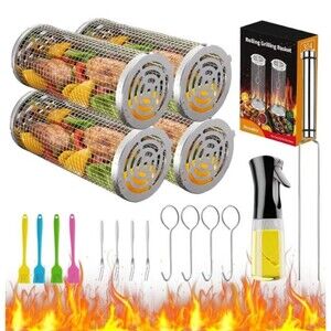 Rolling Grilling Basket Stainless Steel For BBQ Grill Outdoor Tools 2 Pack New